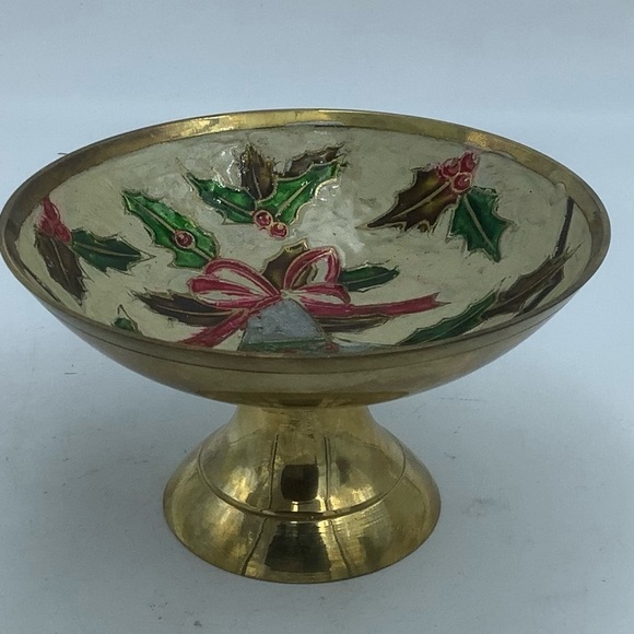 Brass and Enamel Cloisonné Christmas Bells Decorative Footed Bowl - Picture 1 of 4